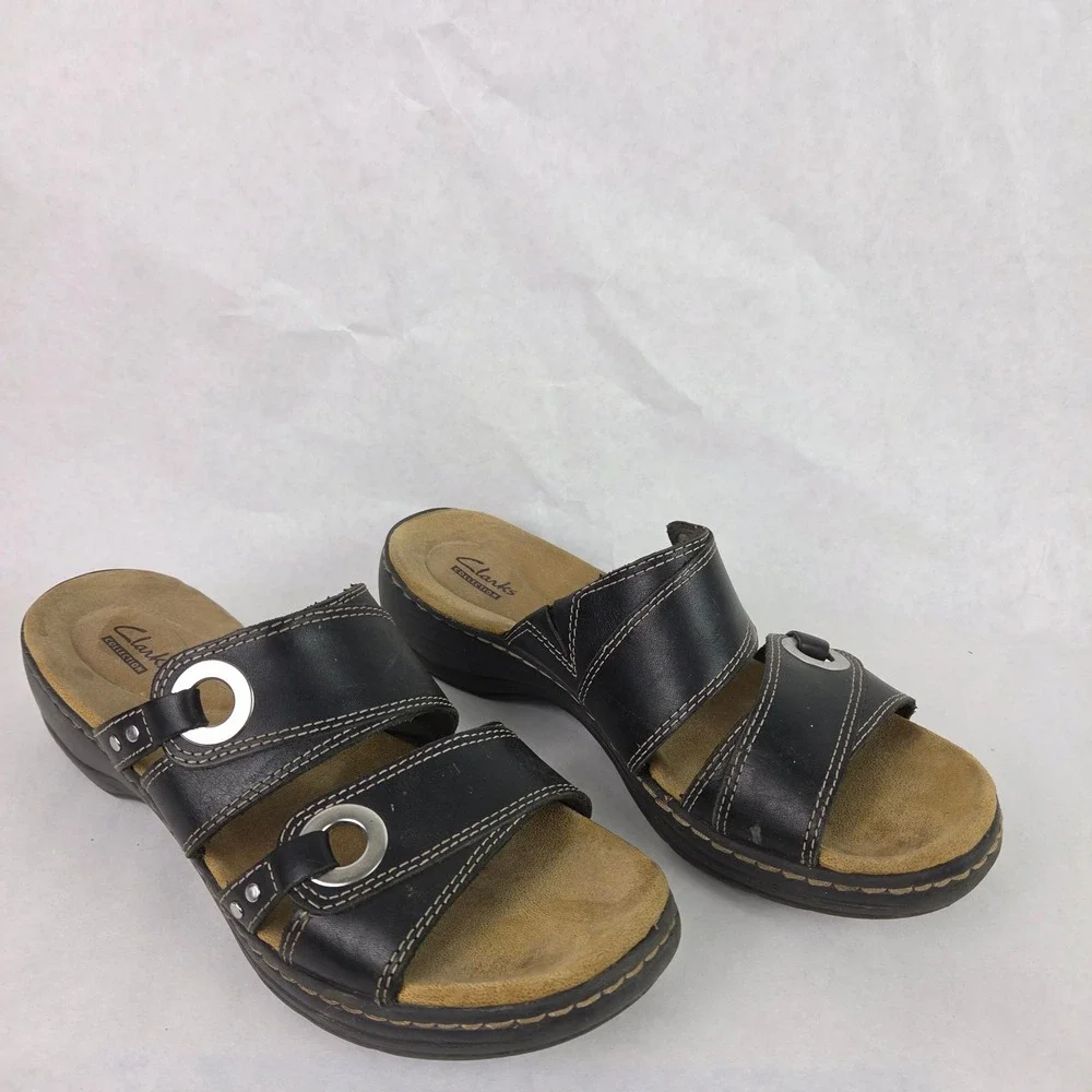 Clarks Collection Lexi Willow Black Slide Slip On Summer Sandals Wedge Casual